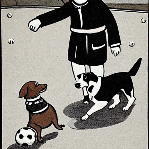 Image similar to book illustration of a french boy on the streets of paris playing football against a corgi, the dog is wearing a polka dot scarf, 1 9 6 6