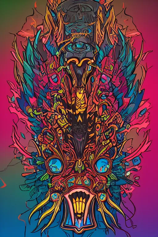 Image similar to totem animal mask tribal feather gemstone plant wood rock shaman vodoo video game vector illustration vivid color borderlands by josan gonzales and dan mumford radiating a glowing aura