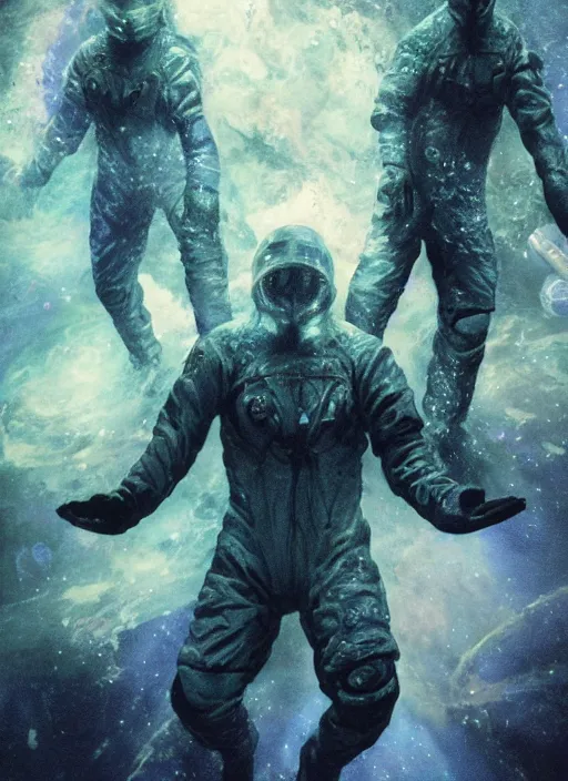 Image similar to astronauts in dark and empty void underwater - complex and hyperdetailed technical suit. reflection and dispersion materials. rays and dispersion of light. volumetric light. 5 0 mm, f / 3 2. noise film photo. flash photography. ultra realistic, wide angle. poster by wayne barlowe, hajime sorayama aaron horkey, craig mullins