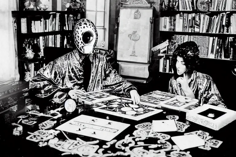 Prompt: vintage b&w photograph of a cyberpunk hermetic esoteric play and games scholar floral patterned robes in his study with holographic contraptions, board games, crt monitors