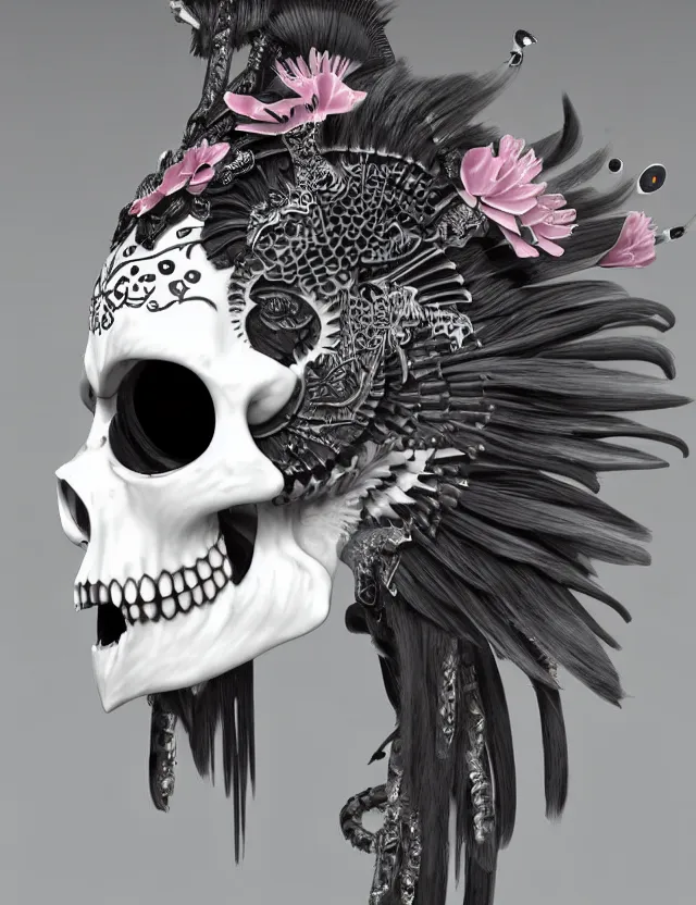 Image similar to 3 d goddess close - up profile simple portrait punk skull with mohawk with ram skull. beautiful intricately detailed japanese crow kitsune mask and clasical japanese kimono. betta fish, jellyfish phoenix, bio luminescent, plasma, ice, water, wind, creature, artwork by tooth wu and wlop and beeple and greg rutkowski