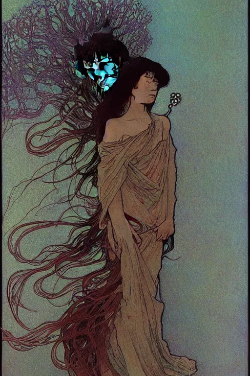 Image similar to alphonse mucha meet beksinski, japanese woman