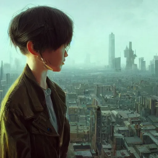 Image similar to closeup portrait of matilda from the movie leon the professional, city background, dramatic light, gorgeous view, depth, high detail, digital art, painted by greg rutkowski and seb mckinnon, by tim burton, trending on artstation