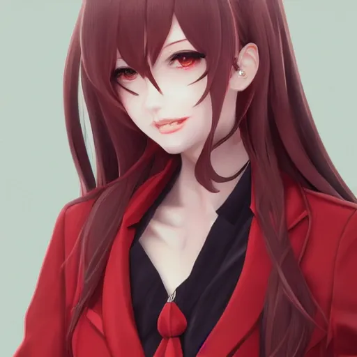 Image similar to kurisu makise, elegant, ultra highly detailed, digital painting, smooth, sharp focus, artstation, top-down shot, red background, art by Ina Wong