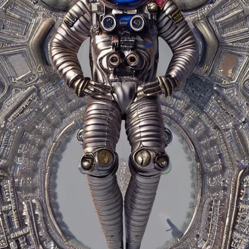 Prompt: A photo-real delicate sculpture of an ornate detailed astronaut in front of an intricate background by AJ Fosik, micro detail, backlit lighting, octane renderer, colourful, physically based rendering, tribal art, trending on cgsociety