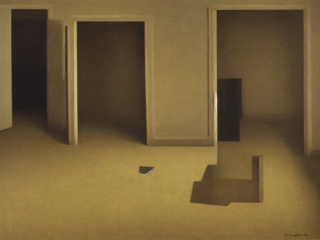 Image similar to Room full of dark coffins. Grazing, golden light, high contrast. Painting by Vilhelm Hammershoi, Morandi