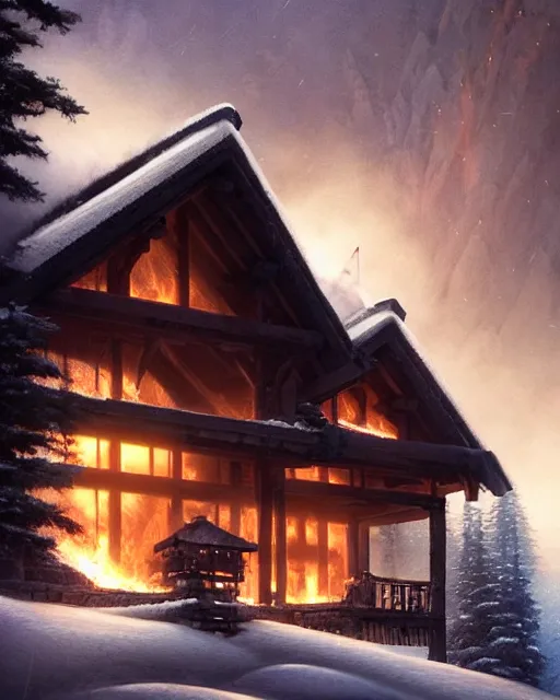 Image similar to mountain chalet covered in fire, smoke, sunrise, snow, sharp details, sharp focus, elegant, highly detailed, illustration, by Jordan Grimmer and greg rutkowski and PiNe(パイネ) and 薯子Imoko and 香川悠作 and wlop and maya takamura, intricate, beautiful, Trending artstation, pixiv, digital Art