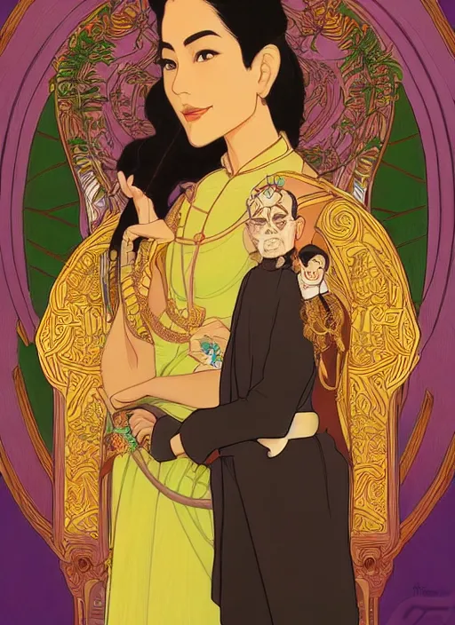 Image similar to well - lit art nouveau portrait of queen sirikrit and king bhumibol adulyadej of thailand, winatural lighting, path traced, real face, thai elegant traditional costume, highly detailed, high quality, cartoon, digital painting, by don bluth and ross tran and studio ghibli and alphonse mucha