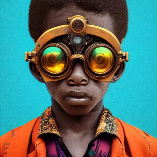 Prompt: colourful vfx upper half - portrait - art of a nigerian boy wearing steam punk goggles, art by utagawa kunisada & james jean, symmetrical, intricate detail, concept art, volumetric light, ray tracing, digital illustration, octane 3 d render, unreal engine, sharp, 8 k post process, pinterest, behance, art station,