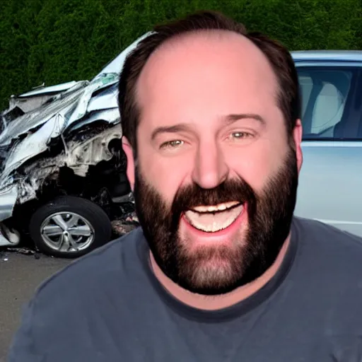 Image similar to Tom Segura laughing in front of a carcrash, hidden camera photo, photorealistic, 8k