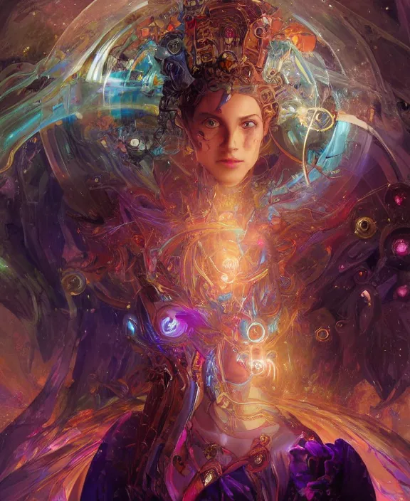 Image similar to a whirlwind of souls rushing inside the metaverse, half body, glowin eyes, tiara with sapphire, pharaoh, android, cyberpunk, d & d, fantasy, intricate, elegant, highly detailed, colorful, vivid color, digital painting, artstation, concept art, art by artgerm and greg rutkowski and alphonse mucha and ruan jia