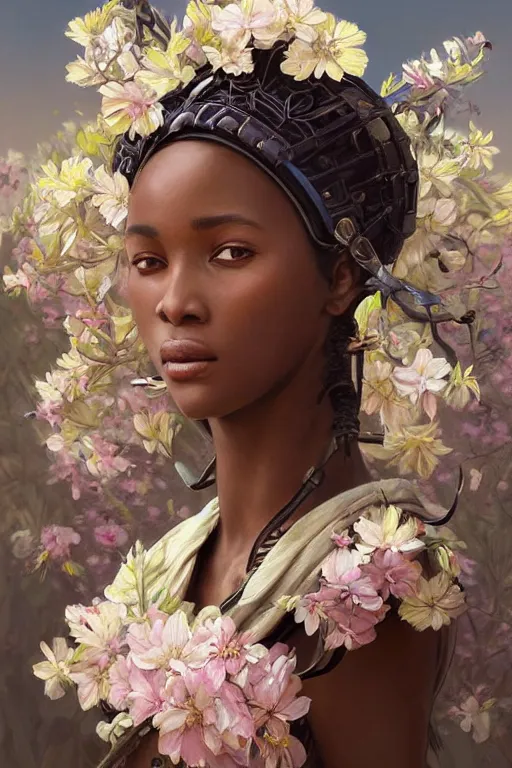 Image similar to ultra realistic illustration, beautiful swahili woman with flowers blossoming from helmet, elegant, highly detailed, digital painting, concept art, smooth, sharp focus, illustration, art by artgerm and greg rutkowski and alphonse mucha