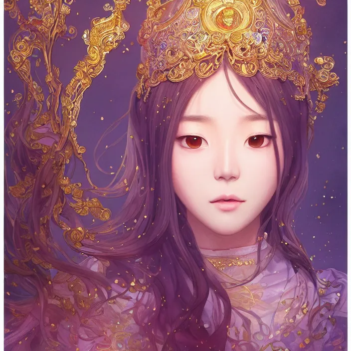 Prompt: beautiful korean idol with sparkling eyes, closed up portrait, highly detailed, gold filigree, epic, stunningly beautiful, insanely detailed, fantasy, soft cinematic lighting, award, disney concept art, watercolor illustration by makoto shinkai and hayao miyazaki, mandy jurgens and alphonse mucha and alena aenami, pastel color palette, featured on artstation