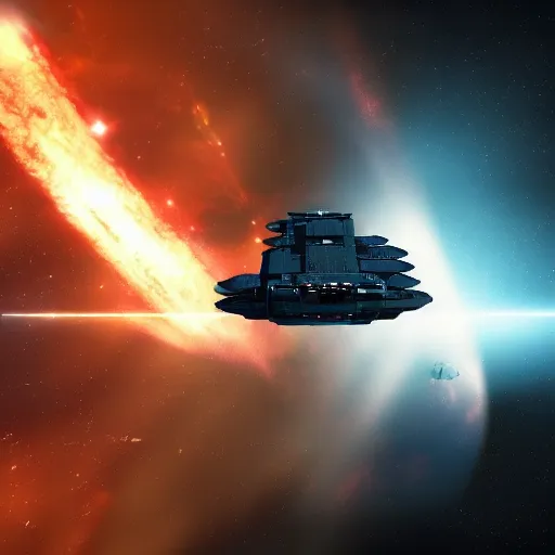 Image similar to spaceship made of shipping containers, black background, eve online, the expanse, long shot