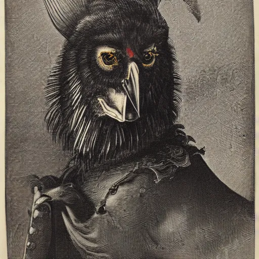 Prompt: vibrant chiaroscuro etching portrait ( 1 9 2 3 ) of wolf - faced crow monster wearing poncho and shako, prussian blue and pyrrol scarlet, 2 2 0 film