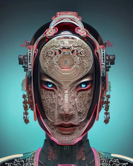 Image similar to portrait of a cyberpunk machine, machine face, upper half portrait, decorated with chinese opera motifs, asian, fine china, traditional chinese art, intricate, elegant, highly detailed, symmetry, headpiece, digital painting, artstation, concept art, smooth, sharp focus, illustration, art by artgerm and greg rutkowski and alphonse mucha, 8 k