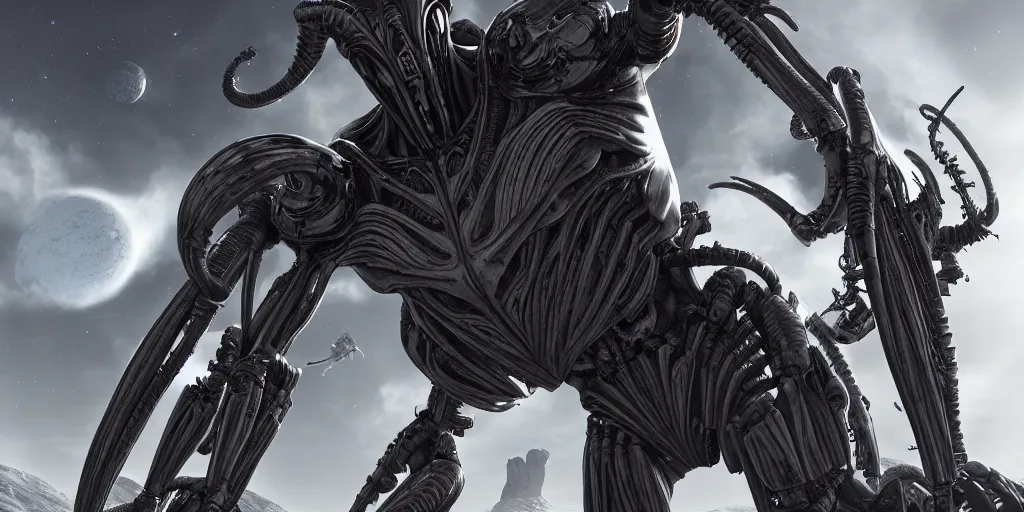 Image similar to single mono colossal android, in the background are xenomorphs, mars, artstation cinematic