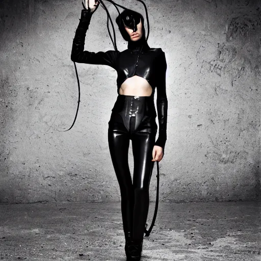 Prompt: fashion photography of an extraterrestrial model, holding a leather whip, wearing demobaza fashion, inside berghain, berlin fashion, harness, futuristic fashion, dark minimal outfit, photo 3 5 mm leica, hyperdetail, berghain, total black outfit, stone table, minimalism, 8 k, very detailed, photo by nick knight