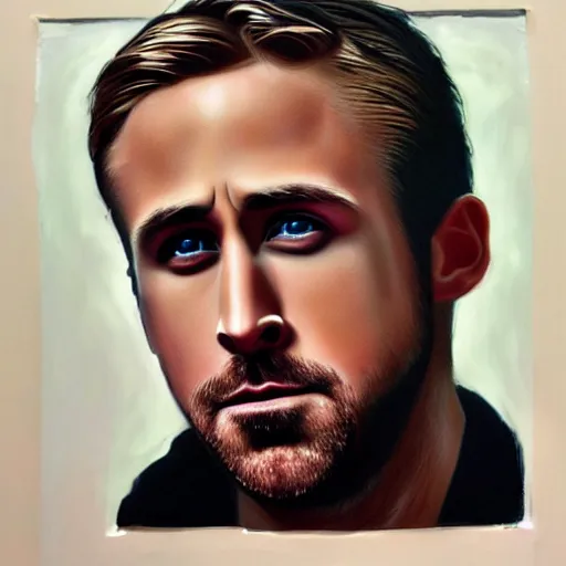 Prompt: ryan gosling portrait in detail in oil using block colour by james jean,