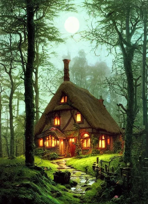 Prompt: hyper realistic homely witch cottage rococo in the woods gorgeous lighting, highly detailed, lush forest painting by norman rockwell, james gurney zdzisław beksinski and norman rockwell and greg rutkowskiweta studio