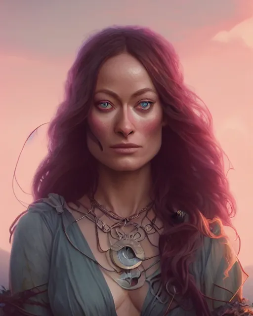 Image similar to highly detailed vfx portrait of olivia wilde as a witch, stephen bliss, unreal engine, greg rutkowski, loish, rhads, beeple, makoto shinkai and lois van baarle, ilya kuvshinov, rossdraws, tom bagshaw, alphonse mucha, global illumination, detailed and intricate environment