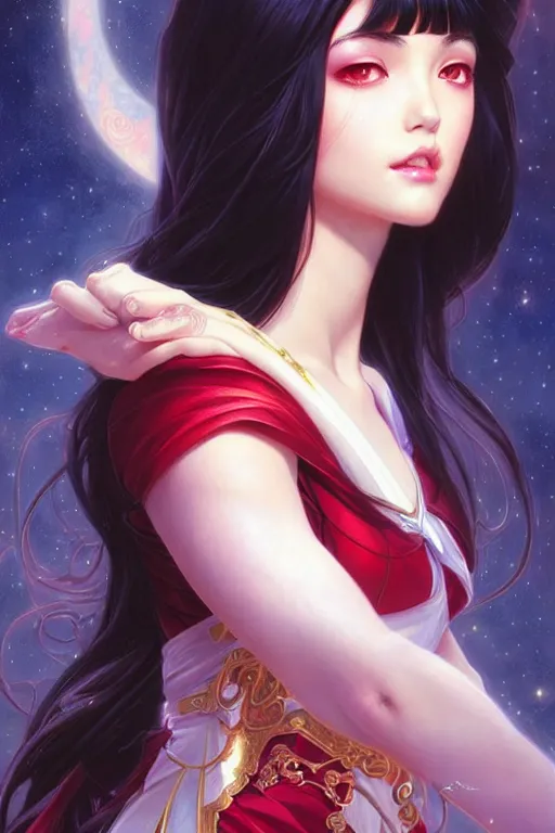 Prompt: a beautiful princess, long black hair and bangs, sailor mars aesthetic, fantasy, intricate, elegant, highly detailed, digital painting, artstation, concept art, matte, sharp focus, illustration, art by Artgerm and Greg Rutkowski and Alphonse Mucha