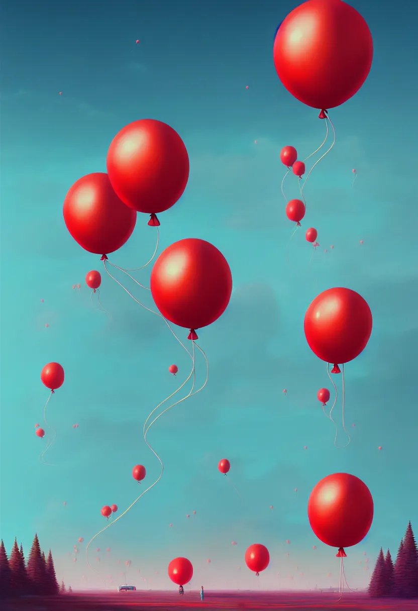 Prompt: red balloons flying up, in a light blue color palette of cosmic spring, flowing, intricate, beautiful render, award winning photography, by simon stalenhag and wlop and artgerm, beautiful illustration