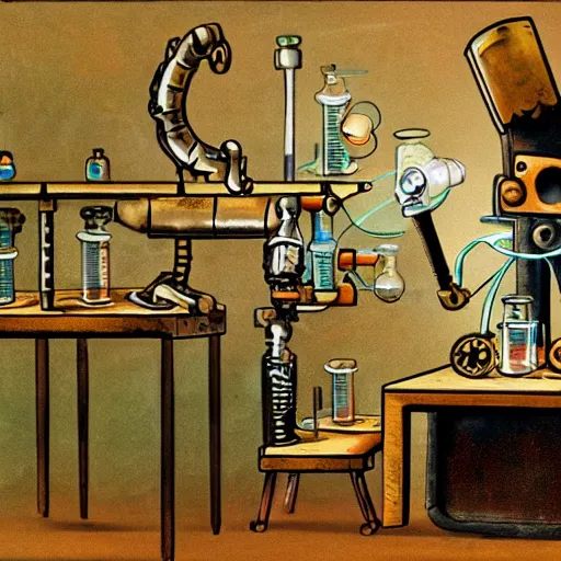 Image similar to a steampunk robot mouse performing a chemistry experiment at a lab bench, grimy, beakers are glowing, the lab is packed with equipment, renaissance painting, pastel colors