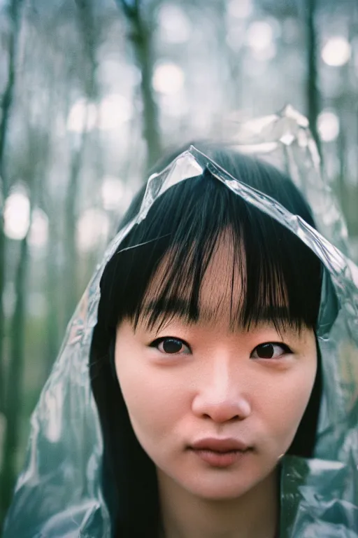 Prompt: Cinestill 50d, 8K, highly detailed, Hayao Miyazaki style 3/4 extreme closeup portrait, eye contact, focus on clear transparent raincoat girl model, tilt shift zaha hadid style forest background: famous blade runner remake, tokyo izakaya scene