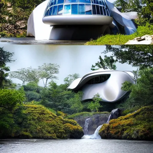 Image similar to a futuristic modern house, on a floating rock island, alien planet covered in water, multiple waterfalls, multiple moons glowing, stars, frank gehry