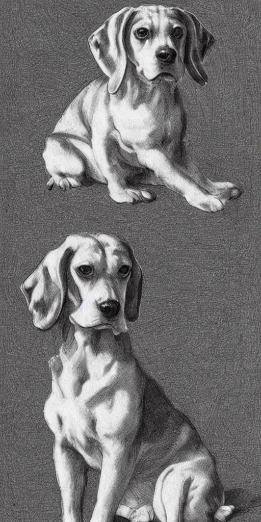 Image similar to sitting beagle, artist sketch, Michelangelo, beautiful composition, masterpiece