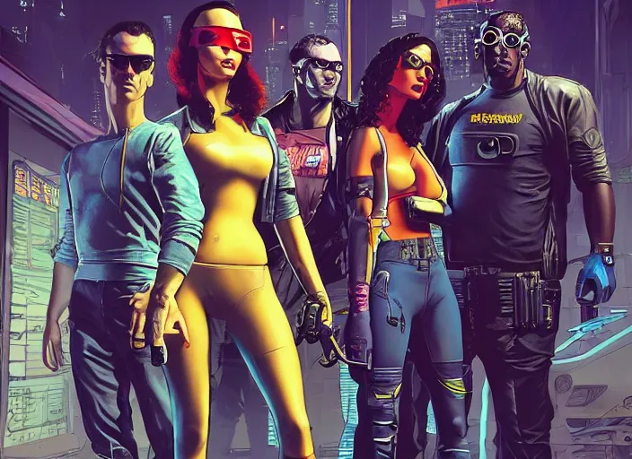 Image similar to cyberpunk heist crew. portrait by stonehouse and mœbius and will eisner and gil elvgren and pixar. character design. realistic proportions. dystopian. cyberpunk 2 0 7 7, apex, blade runner 2 0 4 9 concept art. cel shading. attractive face. thick lines. hi def 4 k. the team. detailed characters.