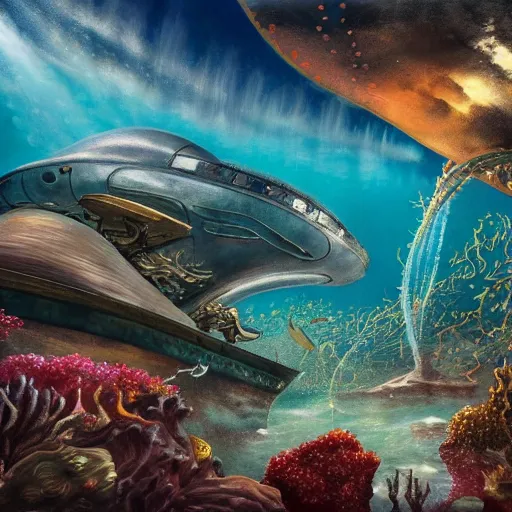 Image similar to 2 0, 0 0 0 leagues under the sea, artstation hall of fame gallery, editors choice, # 1 digital painting of all time, most beautiful image ever created, emotionally evocative, greatest art ever made, lifetime achievement magnum opus masterpiece, the most amazing breathtaking image with the deepest message ever painted, a thing of beauty beyond imagination or words