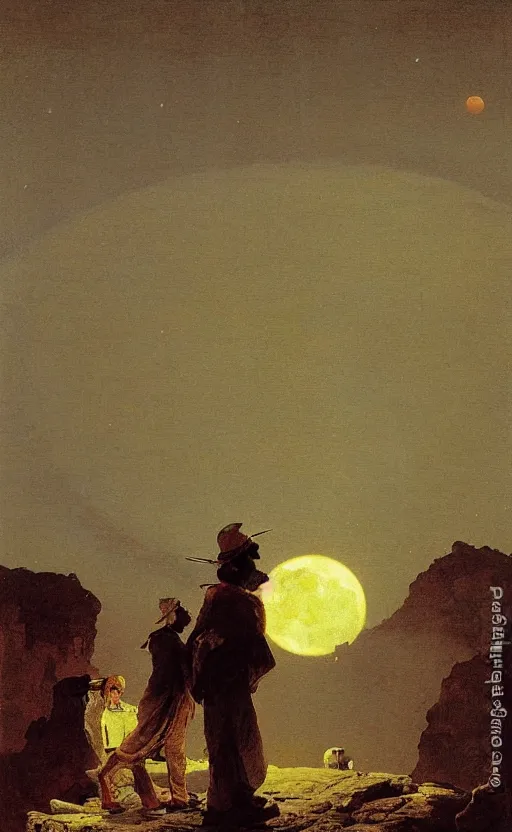 Prompt: meditation on the background of a huge crimson moon, by carl spitzweg