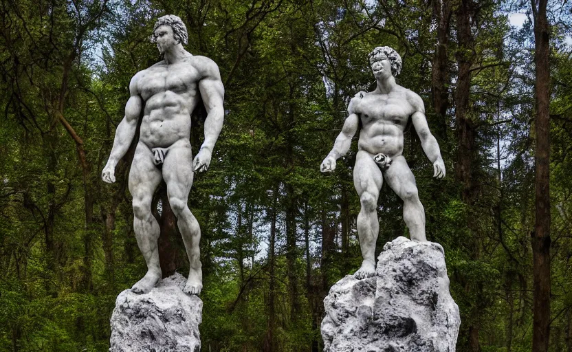 Image similar to a mossy greek marble statue of a very muscular man abandoned in the middle of a forest near a lake at sunset, concept art, godrays, complementary colors, calm, relaxing, beautiful landscape, highly detailed, high quality, 4k HDR, path tracing, serene landscape, high coherence, soft lighting