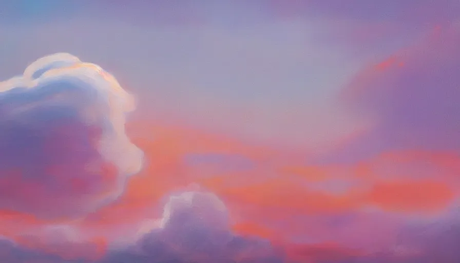 Image similar to painting of a beautiful curvy woman who looks like a cloud, realistic, detailed, orange / pink sky, dreamy