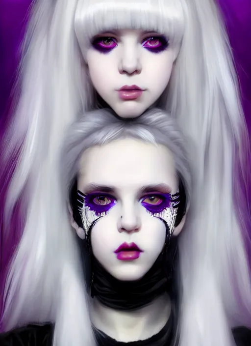 Image similar to portrait of white teenage girl, normal face, white bangs, mall goth, cyberlox, black and white hair, bangs, fluffy bangs, red contact lenses, purple lipstick, intricate, elegant, highly detailed, digital painting, artstation, concept art, sharp focus, smooth, illustration, art by wlop, mars ravelo and greg rutkowski