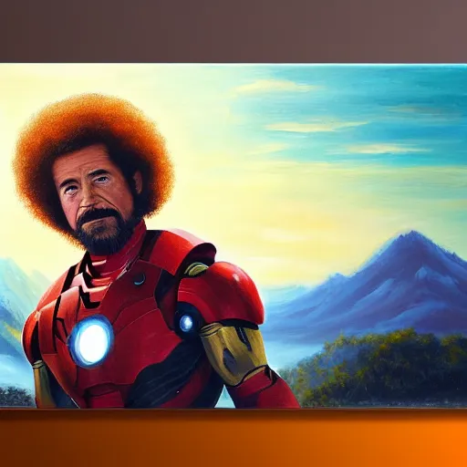 Prompt: a closeup photorealistic photograph of bob ross working on a canvas painting of iron man. mountain scape. film still, vibrant colors. this 4 k hd image is trending on artstation, featured on behance, well - rendered, extra crisp, features intricate detail, epic composition and the style of unreal engine.