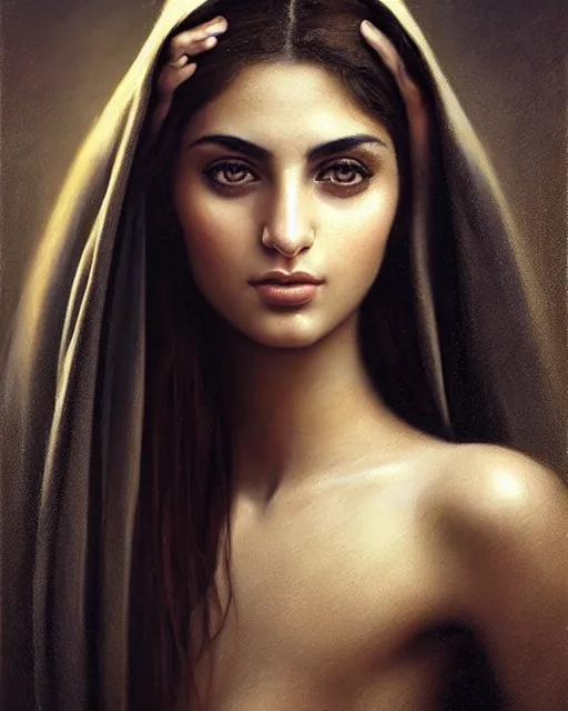 Prompt: a highly realistic, true to life portrait of a beautiful young middle eastern girl, sharp focus, from the waist up, with sharp features, a beautiful face, soft smile, under studio lighting, taken with a canon eos camera with 1 3 5 mm focal length, art by karol bak, james jean, tom bagshaw, trending on artstation,