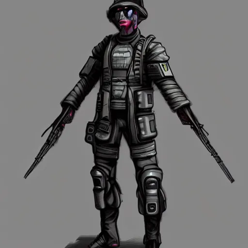 Image similar to character concept design of a cyberpunk soldier