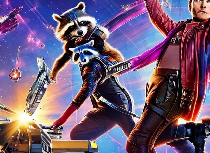 Image similar to film still of Rocket Racoon working at McDonald's in the new Guardians of the Galaxy movie, 4k