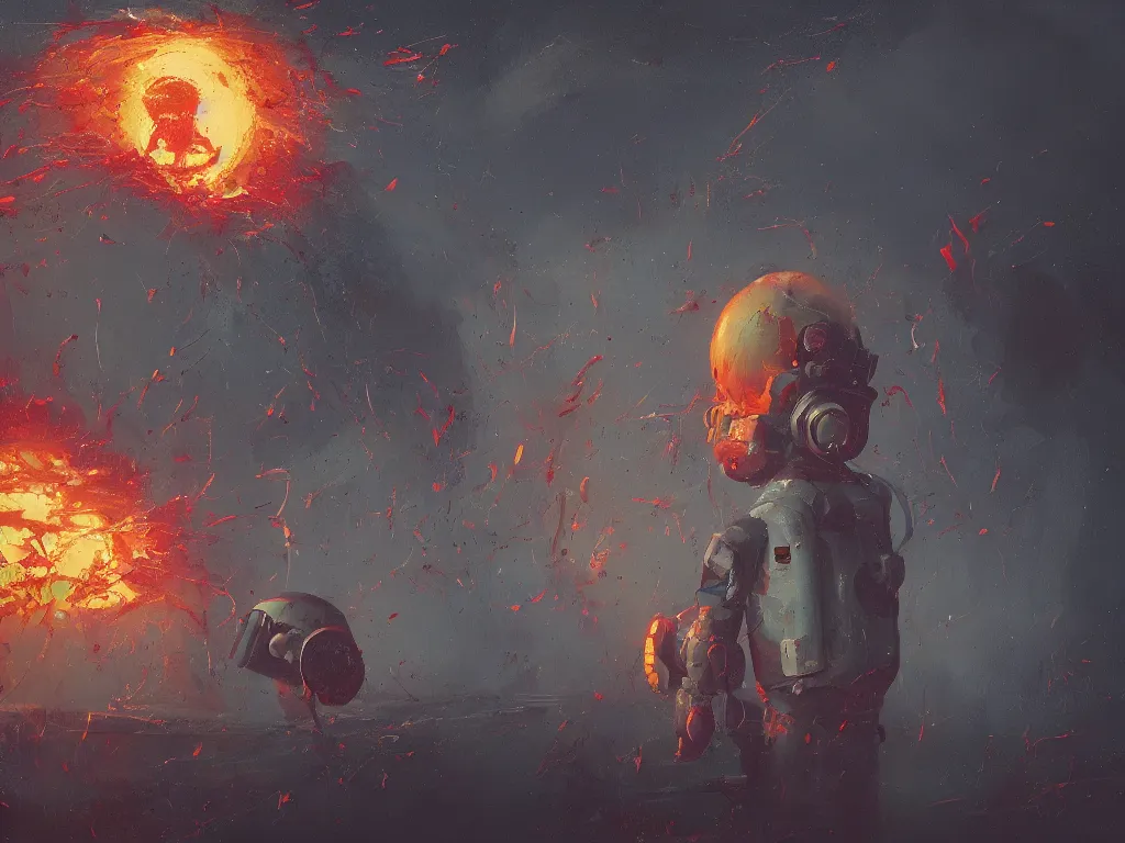Image similar to an exploding head in a painting from stalenhag, 4 k, 8 k, hdr, artstation, concept art