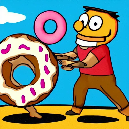 Image similar to Two cartoon donuts battling each other, battle scene