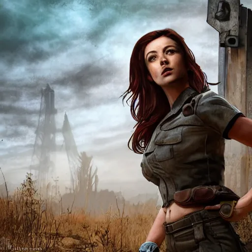 Image similar to fallout 5, charismatic beautiful rugged brunette female protagonist, portrait, outdoors in front of the entrance to vault 1 5 6, atmospheric lighting, painted, intricate, volumetric lighting, beautiful, daytime, sunny weather, slight overcast, sharp focus, deep colours, ultra detailed, by leesha hannigan, ross tran, thierry doizon, kai carpenter, ignacio fernandez rios