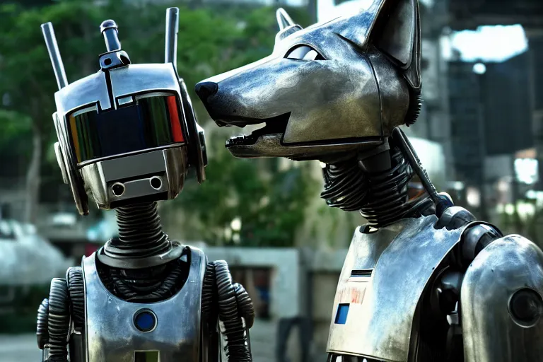 Image similar to film still from the movie chappie of the robot chappie shiny metal outdoor scene bokeh depth of field furry anthro anthropomorphic stylized wolf dog canine ears head android service droid robot machine fursona