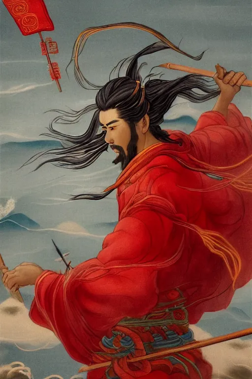 Prompt: a masterpiece portrait of legendry nezha flies riding on the wind fire wheels across the sea, water everywhere, chinese mythology, side view, red cloth around his shoulders, hold spear, cinematic, fantasy character portrait, highly detailed, by ne zha ( 2 0 1 9 ), fenghua zhong