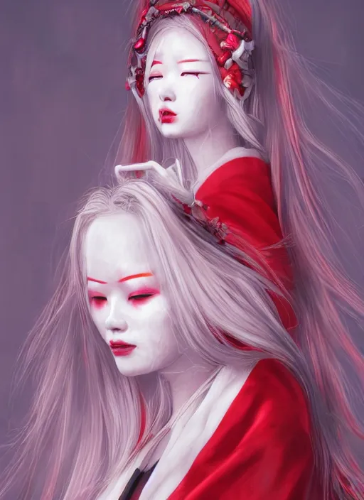 Image similar to albino maiko with very long kawaii hair, fluent composition, red and white neon, concept art, ambient light, 4 k, intricate details, highly professionally detailed, cgsociety, highly detailed -