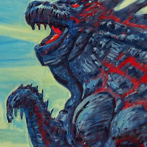 Prompt: impressionist painting of Godzilla in the style of Charles R. Knight