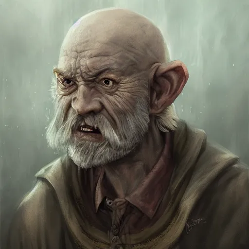 Image similar to a detailed matte head - on portrait painting of a sweet ugly old hobbit man, with a large scar and missing teeth portrait by charlie bowater, lise deharme, wlop, tending on arstation, dungeons and dragon, dnd, pathfinder, fanart, oil on canvas