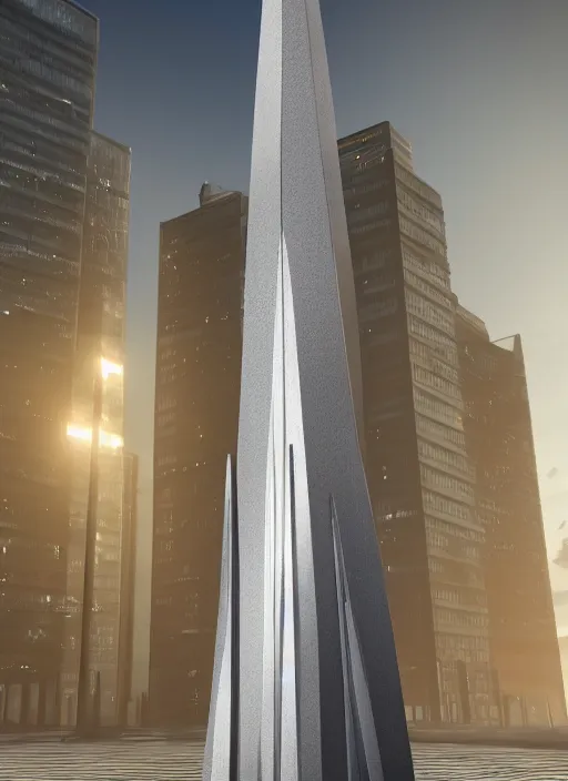 Prompt: highly detailed architecture render of a futuristic metallic monument stele standing in city, archdaily, made in unreal engine 4